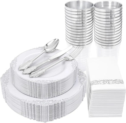 175PCS Blue Gold Plastic Plates Sets, Include 25Dinner Plates, 25Dessert Plates, 25Cups, 25Forks, 25Knives, 25Spoons, 25Napkins Good Vibrations