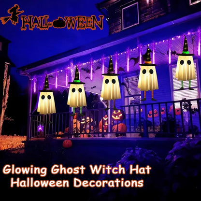 Halloween Hanging Ghost Decorations, Outdoor Halloween Witches Hat Lights, Glowing Ghosts for Garden Trees, Yard Halloween Decor Good Vibrations