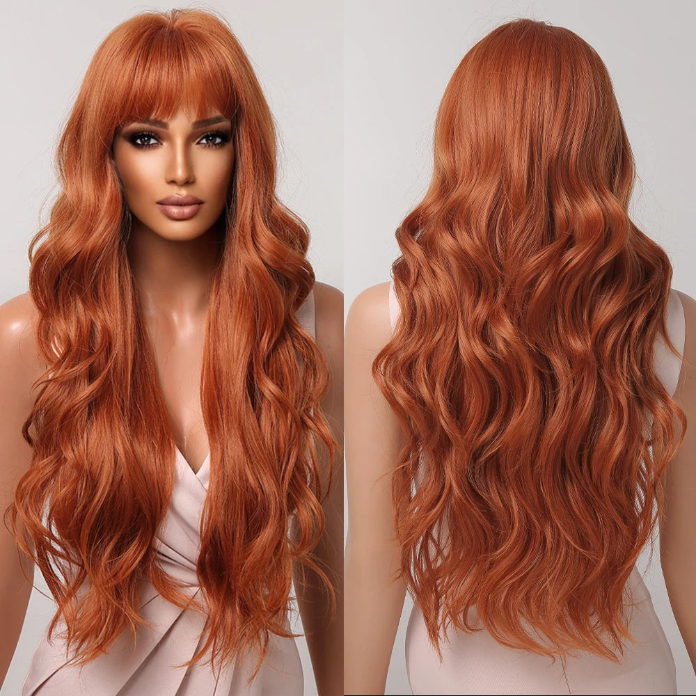 Ginger Orange Synthetic Wigs for Black Women Long Wavy Wigs with Bangs Cosplay Colored Hair Heat Resistant Body Wave Party Wig Good Vibrations