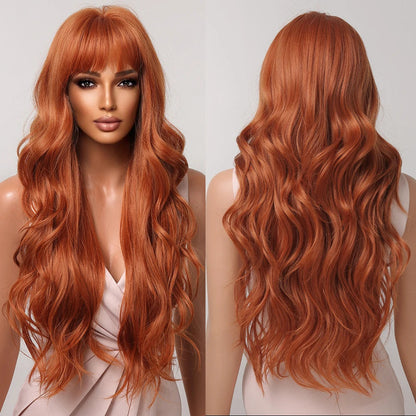 Ginger Orange Synthetic Wigs for Black Women Long Wavy Wigs with Bangs Cosplay Colored Hair Heat Resistant Body Wave Party Wig Good Vibrations