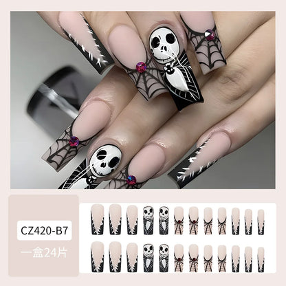 24pcs Halloween Press on Nails with Skull Black Spider Wed Design French Fake Nail Patch Full Cover Wearable False Nail Tips Good Vibrations