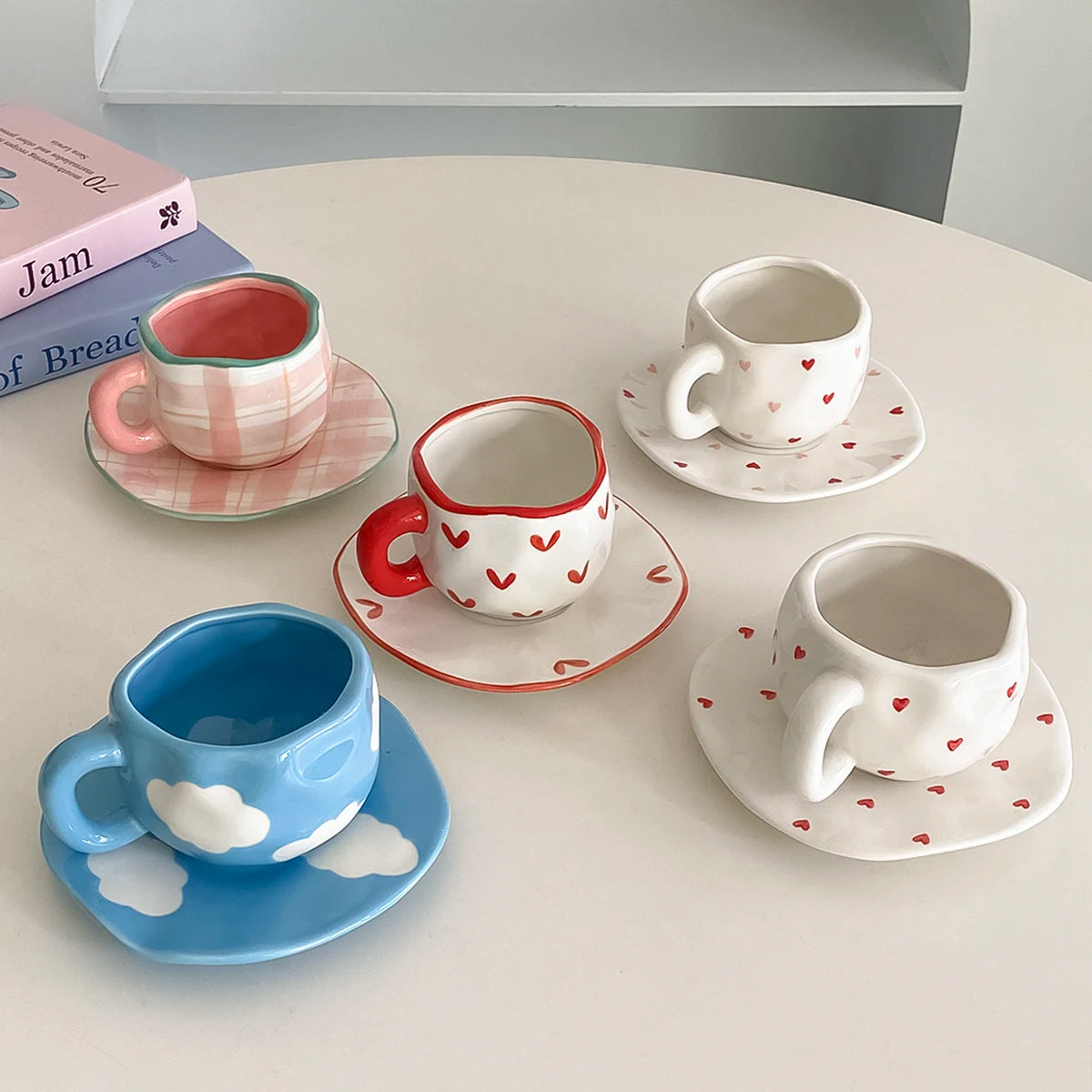 1Pc280Ml Original Design Scandinavian Style Hand-Kneaded Ceramic Coffee Cup and Saucer Multi-Color Plaid Heart Blue Sky and White Clouds Flower Mug Suitable for Afternoon Tea Milk Cup and Saucer Latte Cup Dessert Plate Cup an Good Vibrations