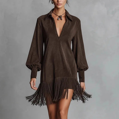 Spring Retro Solid Imitation Suede Tassel Dress Woman Sexy Lapel Hollow A-Line Mini Dress Autumn Long Sleeve Elegant Party Dress Good Vibrations