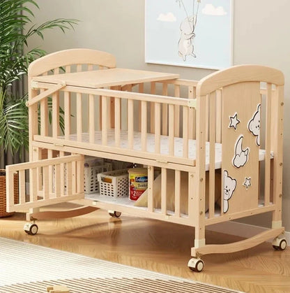2025 New Baby Comfortable Sleeping Bed Solid Wood Newborn Baby Bed Multifunctional Baby Rocking Bed with Wheels and Mosquito Net Good Vibrations