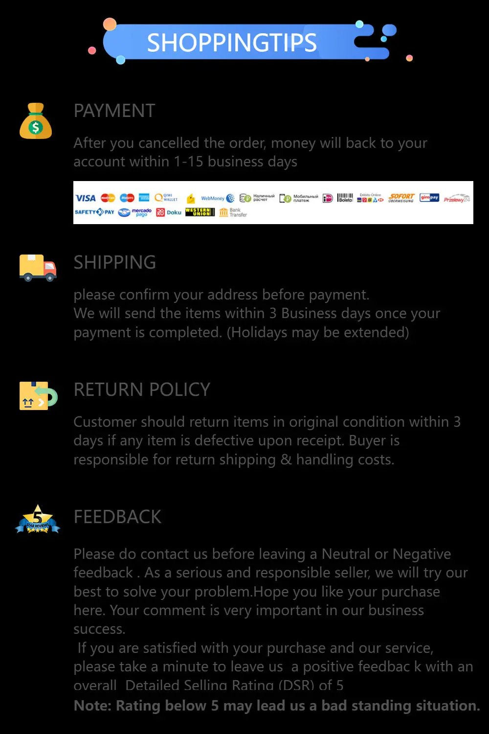 "Payment, shipping, return policy, and feedback guidelines for online shopping."