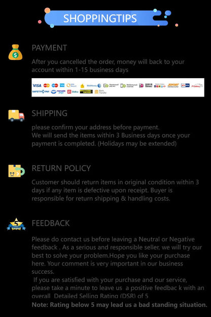 "Payment, shipping, return policy, and feedback guidelines for online shopping."