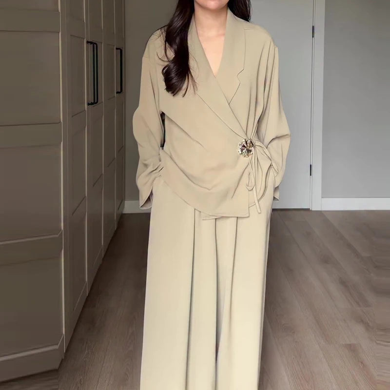 Women's Casual Party Outfit Vintage Solid Loose Autumn Suit New 2026 Elegant V Neck Long Sleeved Top & Wide Leg Pants Two Piece Good Vibrations