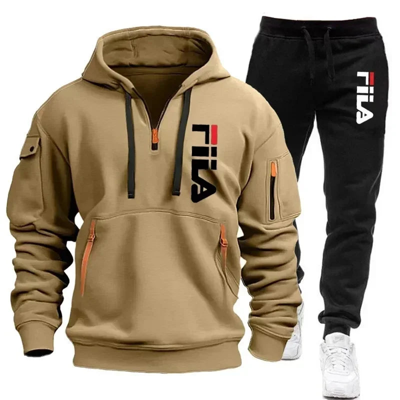 Spring and Autumn street new men's zipper hoodie + pants two-piece set, outdoor multi-pocket men's casual pullover sports suit Good Vibrations