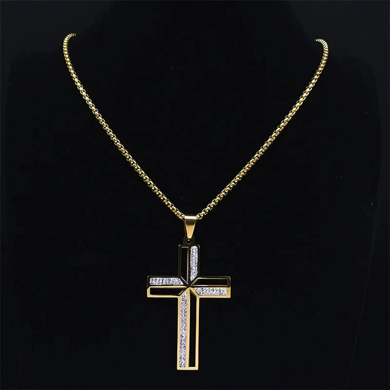 Catholic Crucifix Cross Necklace for Women Men Stainless Steel Christian Religious Male Chain Jewelry colar masculino N4943 Good Vibrations