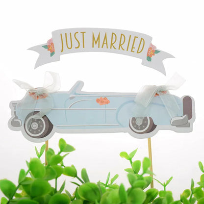 Wedding Cake Topper JUST MARRIED Cupcakes flags Unique Wedding 1set Cake Flags Bride Groom Party Decor New Car Cake Toppers Good Vibrations