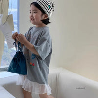 2024 Summer New Girls Short Sleeve Casual Dress Cute Flower Print Children Long T Shirts Loose Kids Princess Dress Girls Clothes Good Vibrations