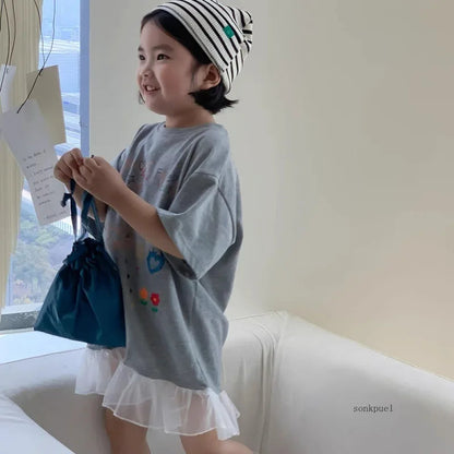 2024 Summer New Girls Short Sleeve Casual Dress Cute Flower Print Children Long T Shirts Loose Kids Princess Dress Girls Clothes Good Vibrations