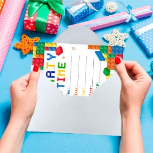 Building Blocks Birthday Invitations, Brick Party Invitation Card Building Birthday Invites with Stickers & Envelopes(24 Guests) Good Vibrations