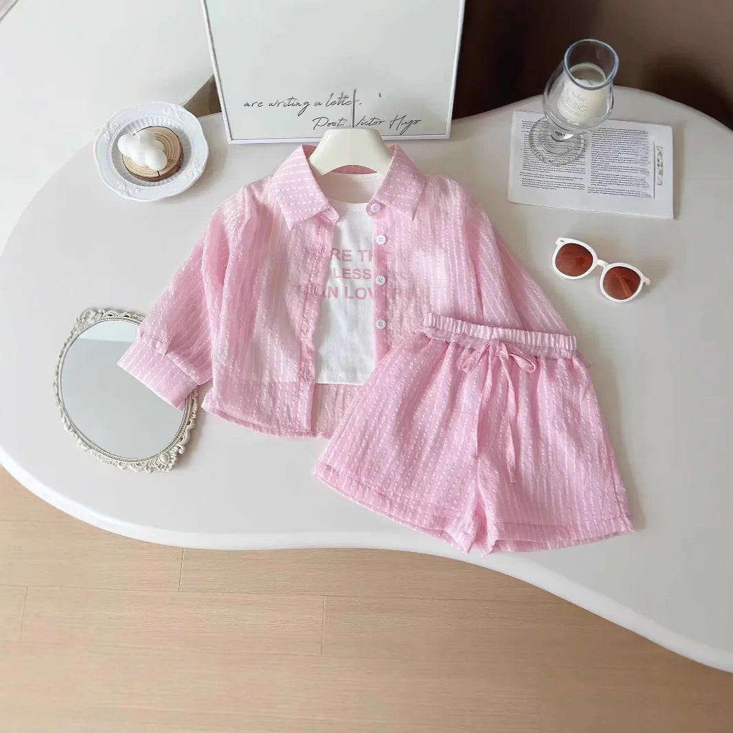 3Pcs Girls Clothing Sets Summer Cool Blouse Shirt+shorts+T-shirt Children Clothes Suits New Kids Outfits Set 2-7Yrs Good Vibrations