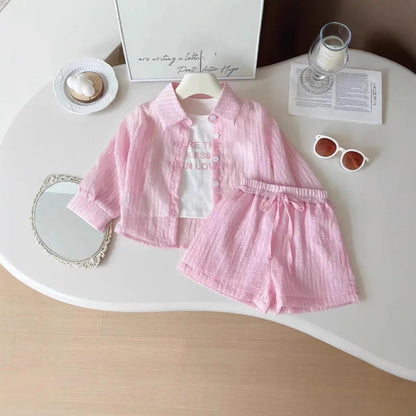 3Pcs Girls Clothing Sets Summer Cool Blouse Shirt+shorts+T-shirt Children Clothes Suits New Kids Outfits Set 2-7Yrs Good Vibrations