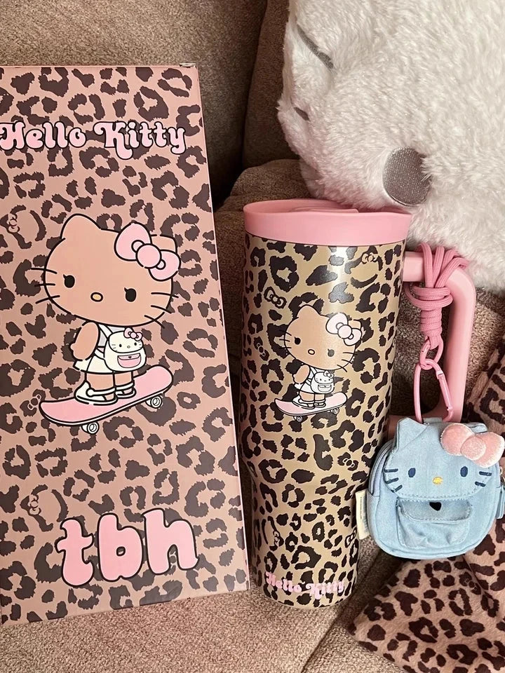 TBH Leopard Print Kitty Series Straw Thermos Cup Travel Sports Water Bottle Stainless Steel Cold Insulation Cup Girls Gift Good Vibrations