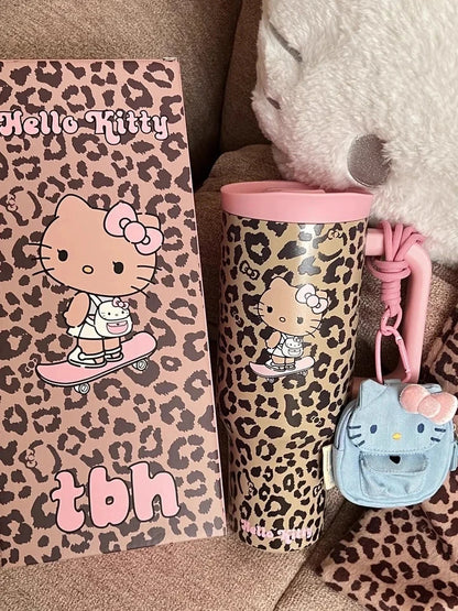 TBH Leopard Print Kitty Series Straw Thermos Cup Travel Sports Water Bottle Stainless Steel Cold Insulation Cup Girls Gift Good Vibrations