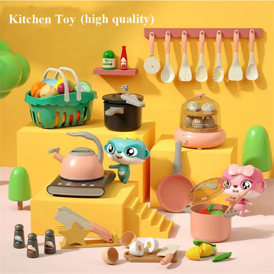Toy Kitchen for Kids Cooking Utensils Children's Pretend Play Cutting Miniature Food Set Pot Pan Educational Unisex Novel Gift Good Vibrations