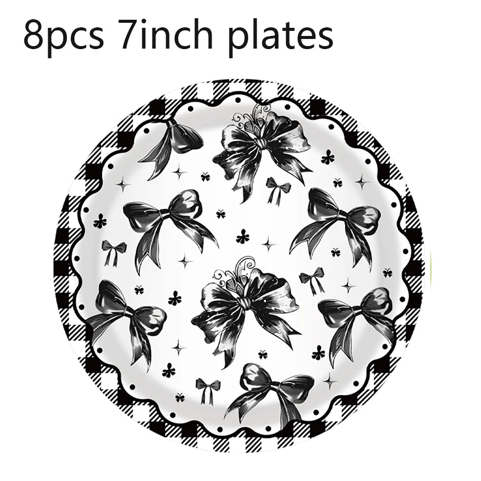 Black Bow Tie Party Disposable Tableware Sets Plates Cups Napkins Tablecloth For Wedding Birthday Party Dinnerware Decoration Good Vibrations