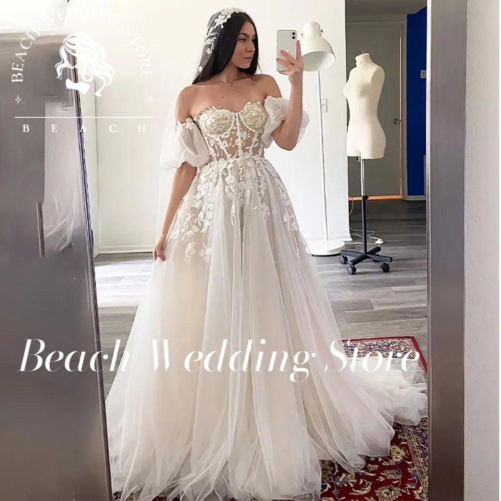 Beach 2025 Off The Shoulder Elegant A-Line Floor Length Backless Wedding Dresses for Women Strapless Simple Applique Bridal Gown Good Vibrations