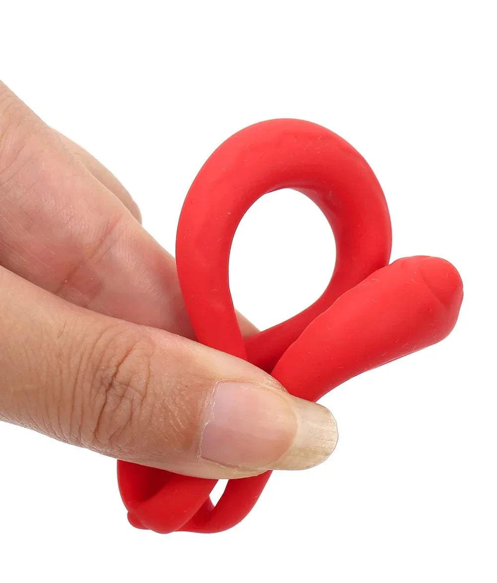 Semen lock ring male masturbator held in hand, silicone material, adult sex toy.