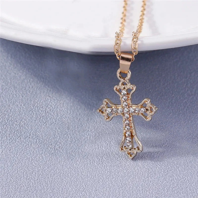 Fashion Cross Necklace for Women Men Gold Silver Color Dazzling Crystal Jesus Crucifix Necklace Christian Jewelry Wholesale Good Vibrations