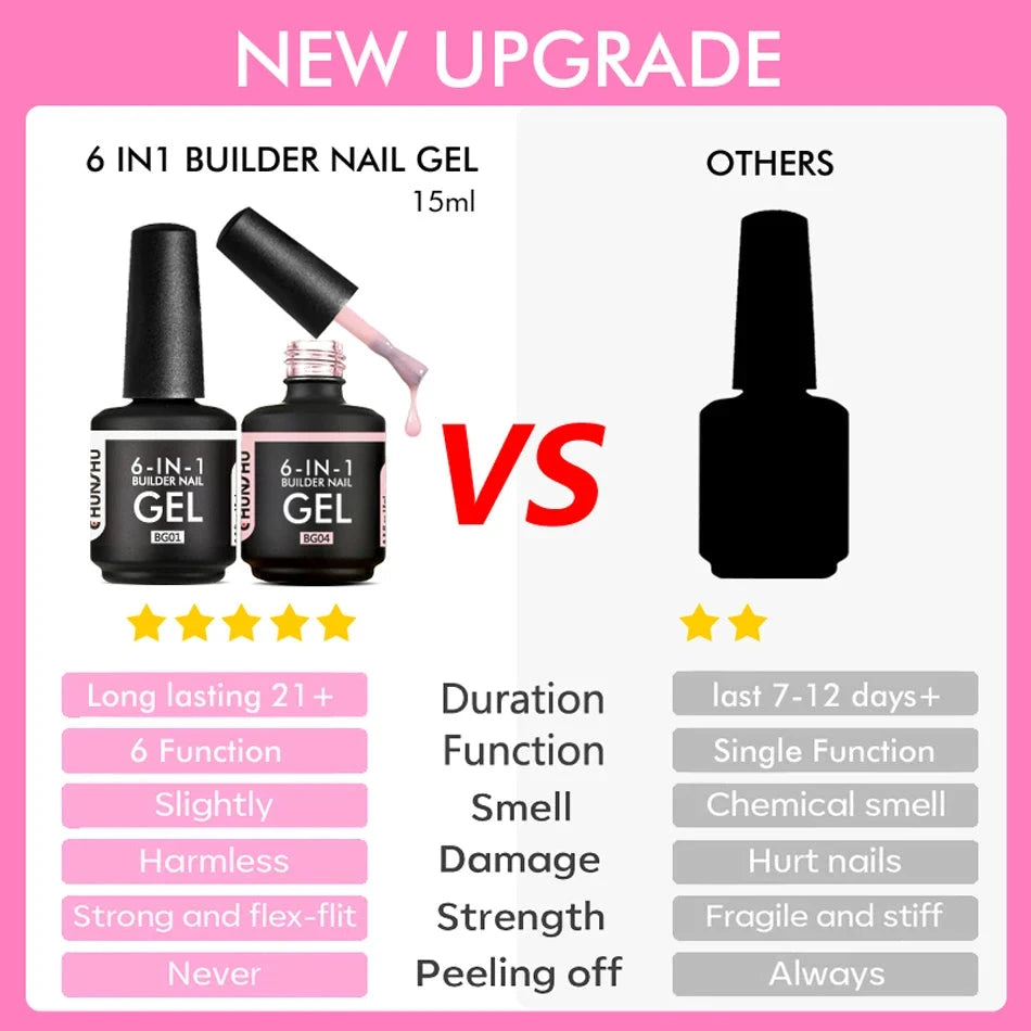 CHUNSHU 6 IN 1 Extension UV Gel Polish In A bottle Builder Nail Gel Rubber Base Coat Semi Permanent Nails Art Self-leveling 15ML Good Vibrations