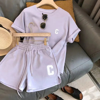 2 Piece Set Women Summer Loose Short Sleeve T-Shirt Casual Shorts Sports Print Letter Casual Suit Large Size Short Pajamas Good Vibrations