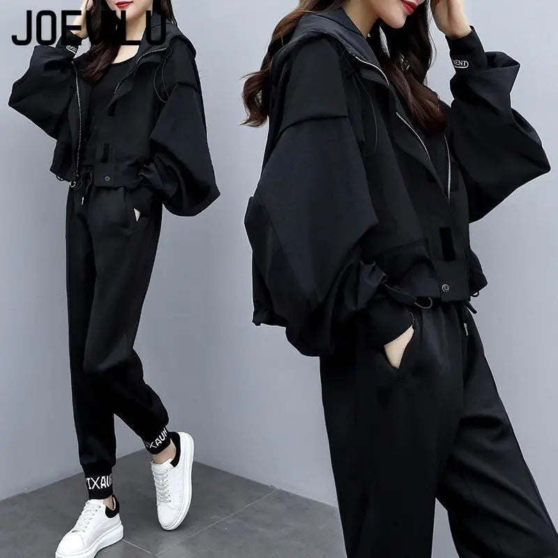 JOEVILU 2PCS Casual Tracksuit Loose Jacket Track Pants 2 Piece Sets Women's Outfits Spring/Autumn Korean Streetwear Leisure Suit Good Vibrations