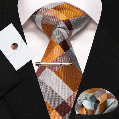 8cm Silk Mens Ties Green Black Ties plaid stripe NeckTie Pocket Square Cufflinks Tie clips Set Men's Wedding business Party Tie Good Vibrations