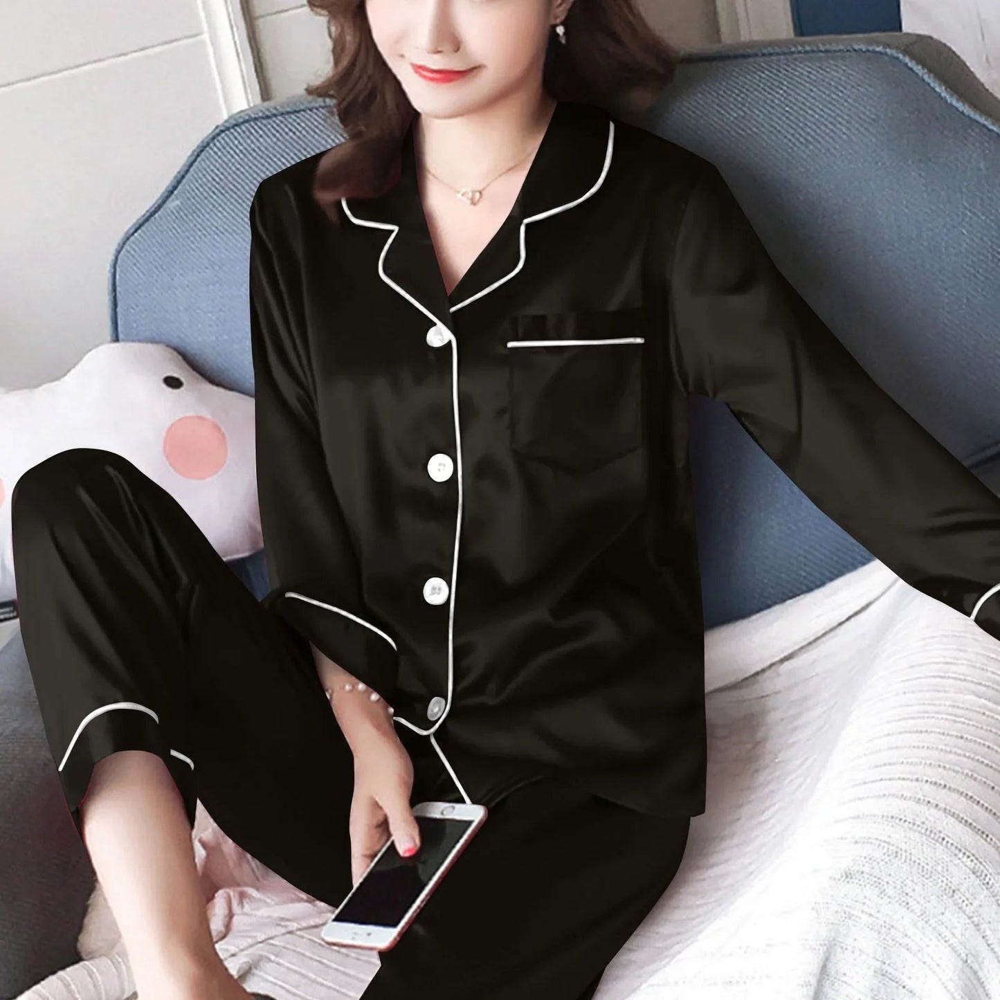 Women Pijama Sets Women Pajamas Sets Sexy Silk Polyester Female Pyjamas Home Clothing Sleepwear Long-sleeve Cardigan Set Good Vibrations