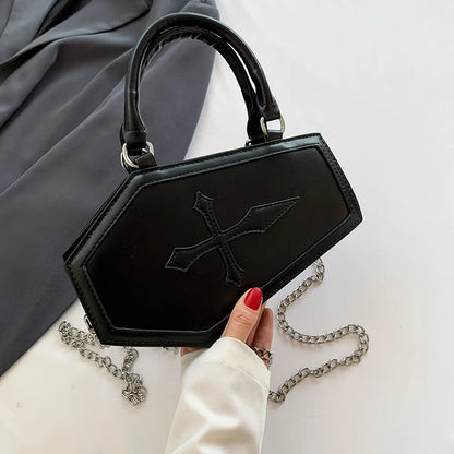 Women Crossbody Bag Large Capacity Coffin Shape Phone Shoulder Bag Halloween PU Top Handle Bag for Travel Make Up Cosmetic Bag Good Vibrations