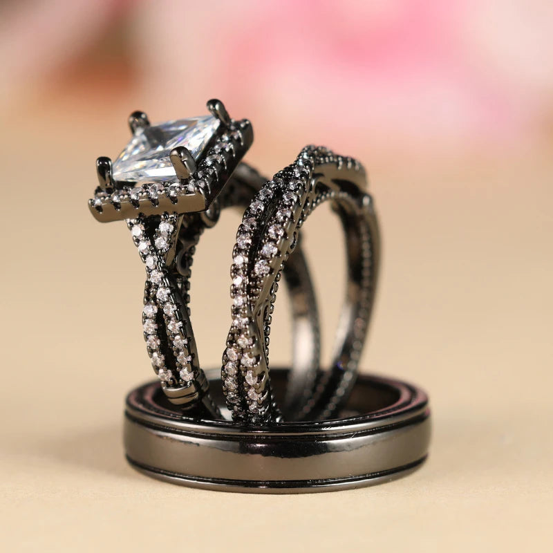 Charm Couple Rings Men Stainless Steel  Rhinestones Zircon Women Wedding Band  Set Valentine Day Jewelry Good Vibrations