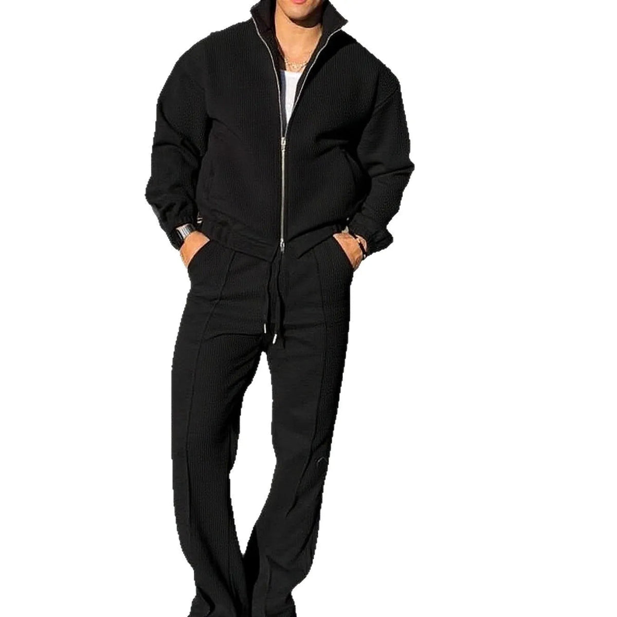 Fall Men's Fashionable Sporty Casual Suit - High-Quality Stand-Up Collar Solid-Color Pullover with Zipper, Drawstring Pants Good Vibrations