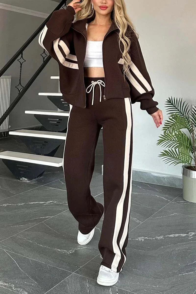 2025 Autumn Winter New Two-piece Set Women's Zipper Striped Loose Jacket Outwear And High Waist Side-striped Pants Sports Sets Good Vibrations