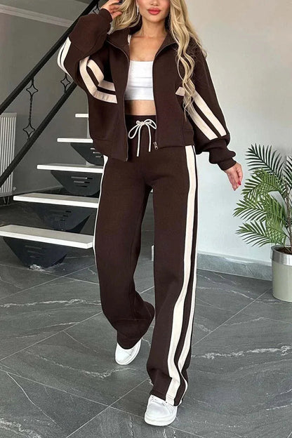 2025 Autumn Winter New Two-piece Set Women's Zipper Striped Loose Jacket Outwear And High Waist Side-striped Pants Sports Sets Good Vibrations