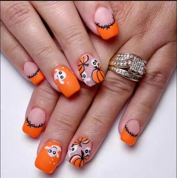 24Pcs/set Almond Halloween Press on Nails Black Bat Fake Nail Moon and Stars Pattern Removable Wearable Nails for Women&Girl Good Vibrations