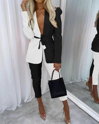 Womens Two Piece Sets Outfit Colorblock Shawl Collar Tie Front Blazer & Pants Set 2023 Autumn Winter Spring New Fashion Casual Good Vibrations
