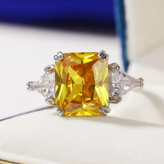 Huitan Geometric Shaped Yellow Cubic Zirconia Rings Silver Color Wedding Bands for Women Brilliant Accessories  Party Jewelry Good Vibrations