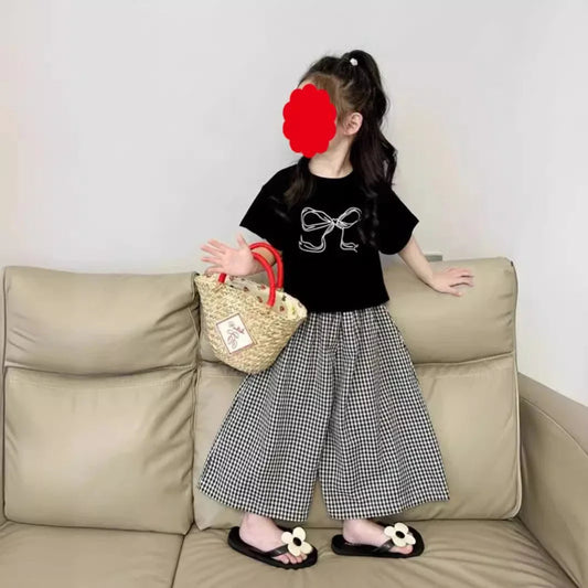 Children's Clothing Sets Bow-Patterned Polo Shirt + Tartan Palazzo Trousers 2pcs Sets Baby Girl Outfit Set Toddler Girl Clothes Good Vibrations