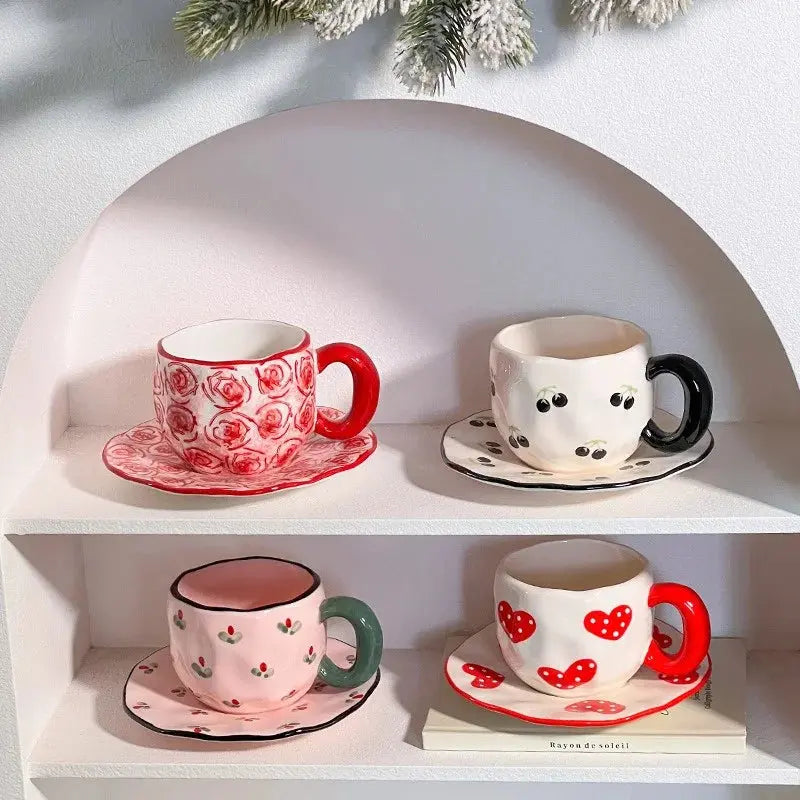 340ML Hand-painted Flower Love heart Ceramic Coffee Cup with Saucer Home Office Water Cup Breakfast Milk Juice Teacup Gift Set Good Vibrations