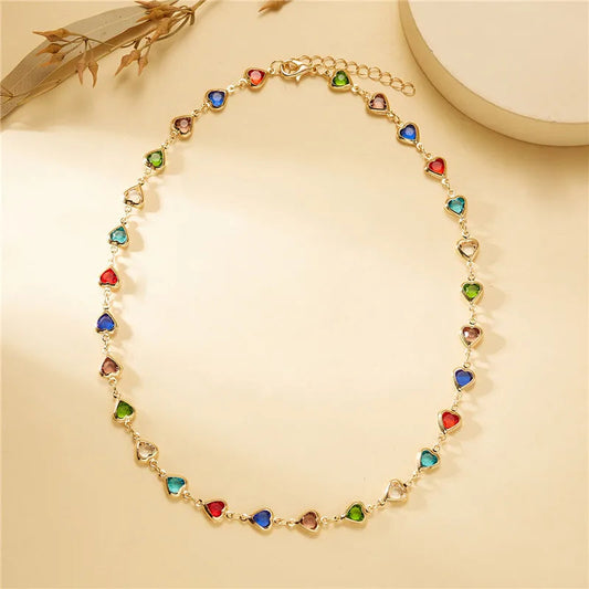 Exquisite Colorful Crystal Heart Choker Necklace For Women Charm Zircon Metal Chain Necklace Party Birthday Jewelry Gift Good Vibrations