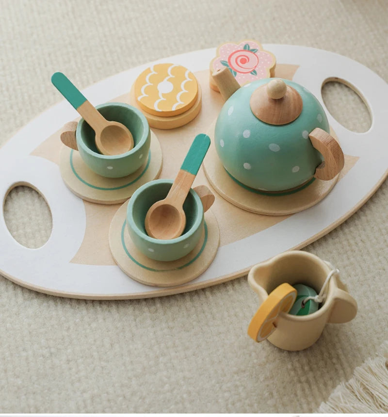 Wooden Afternoon Tea Set Toy Pretend Play Food Learning Role Play Game Early Educational Toys for Toddlers Girls Boys Kids Gifts Good Vibrations