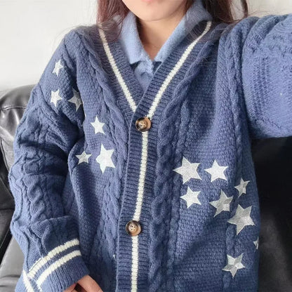 Y2k Sweaters Women Autumn Star Embroidery Midnight Blue Cardigan Fashion Warm Loose Fit Lover Cotton Knitted Cardigans Women Good Vibrations