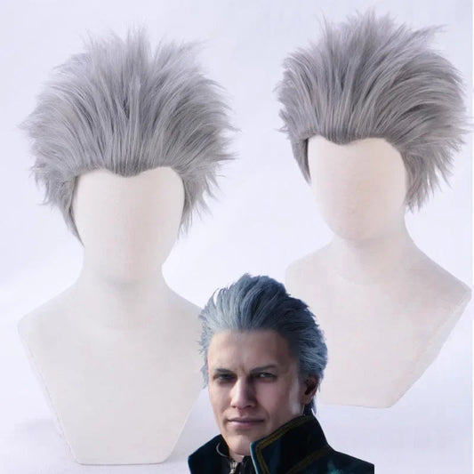 Vergil Cosplay Wig Short Silver Grey Slicked-back Hair Heat Resistant Synthetic Hair Wigs Good Vibrations