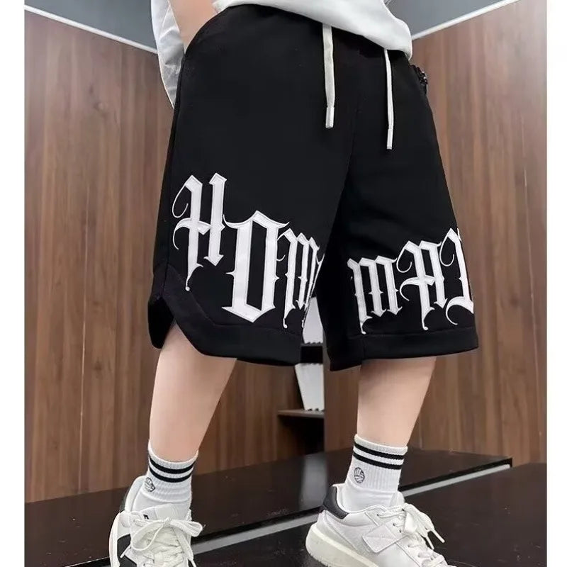 Loose Style Children Summer Shorts for Boy New Letter Print Short Pants Outdoor Casual Sports Shorts Korean Children's Clothing Good Vibrations