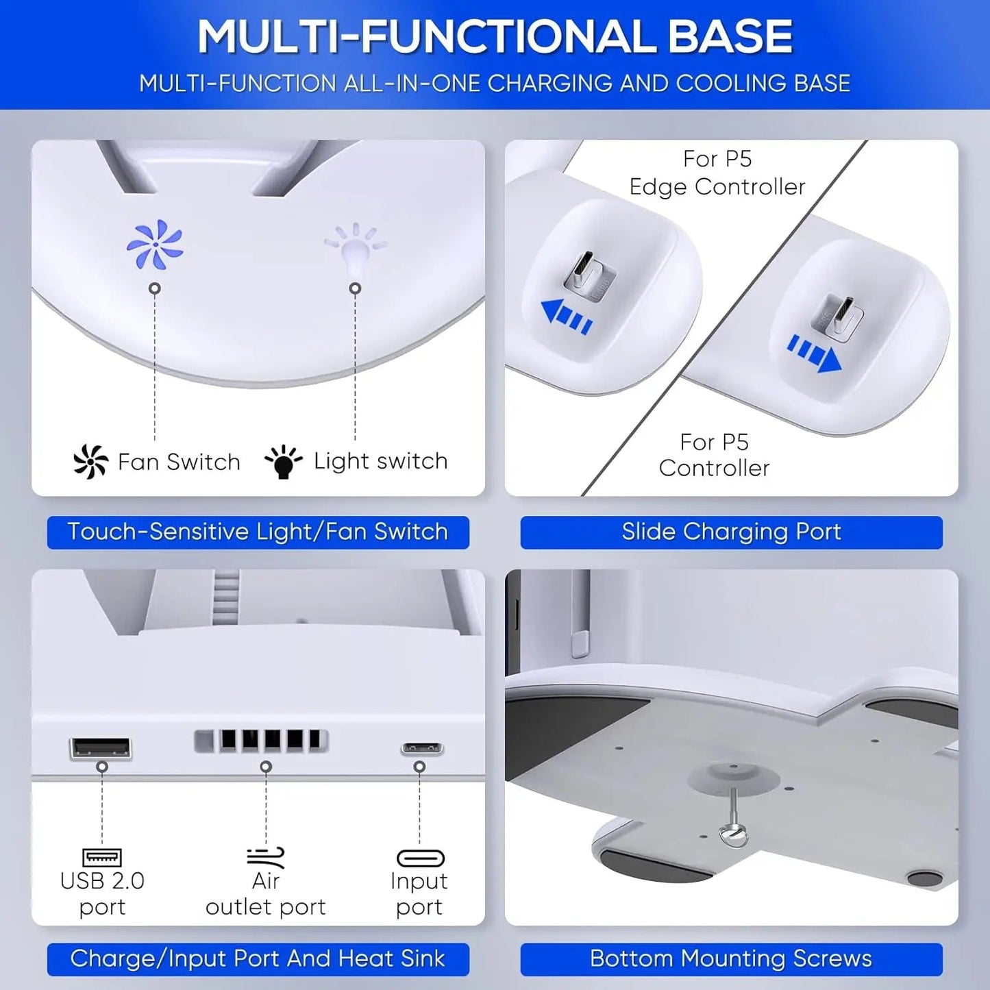 DOBE TP5-3528 Multi-Function Cooling Charging Dock for PS5 SLIM - Touch Switch, Multicolor LED, Ultrathin Design Good Vibrations