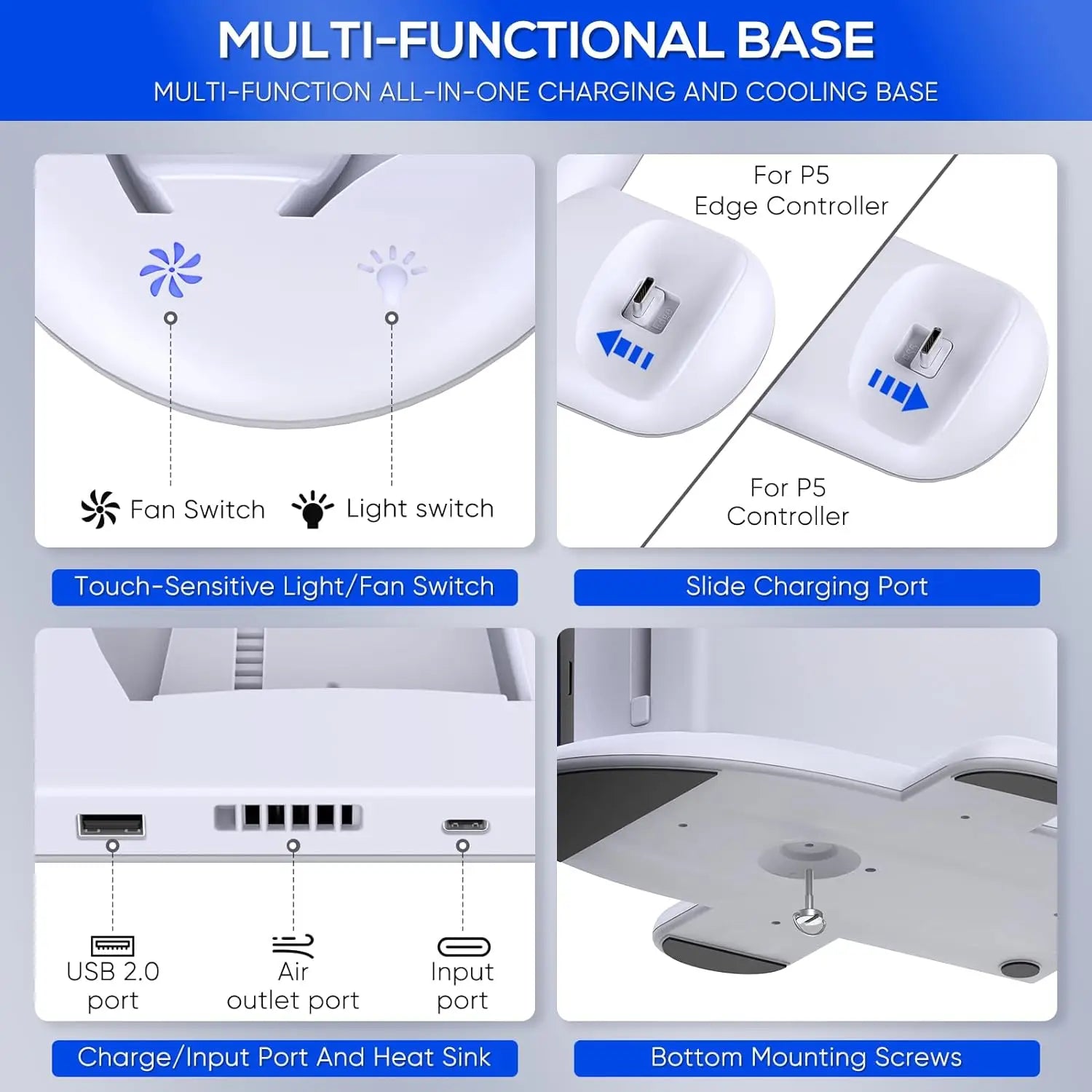 DOBE TP5-3528 Multi-Function Cooling Charging Dock for PS5 SLIM - Touch Switch, Multicolor LED, Ultrathin Design Good Vibrations