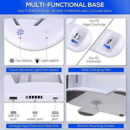 DOBE TP5-3528 Multi-Function Cooling Charging Dock for PS5 SLIM - Touch Switch, Multicolor LED, Ultrathin Design Good Vibrations