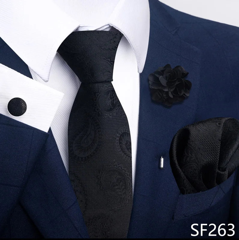 Luxury Mens Ties Floral Black Gold Ties Paisley NeckTie Pocket Square Cufflinks Brooch Set Men's Wedding Party Tie Good Vibrations